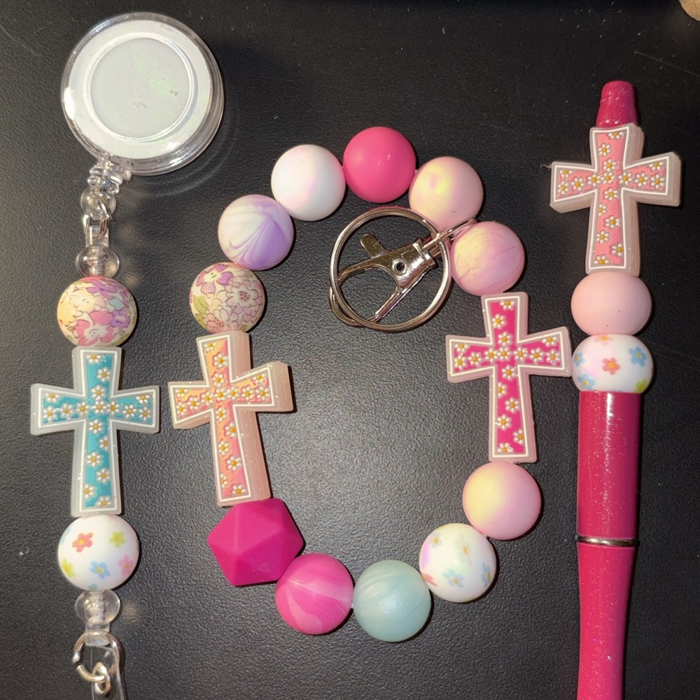 Pink Cross Bead Keychain and Pen Set
